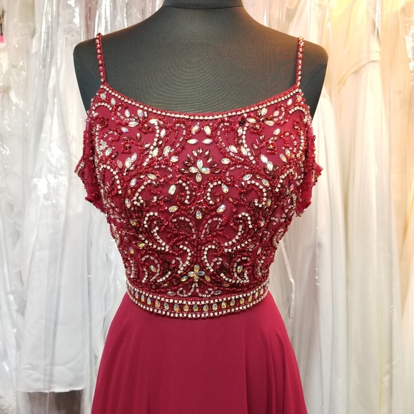 Burgundy Beaded Chiffon Gown - Picture 2 of 6